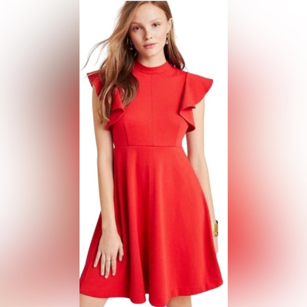 Maeve/Anthropologie Deena Flutter Sleeve Dress. Size Medium. Red.